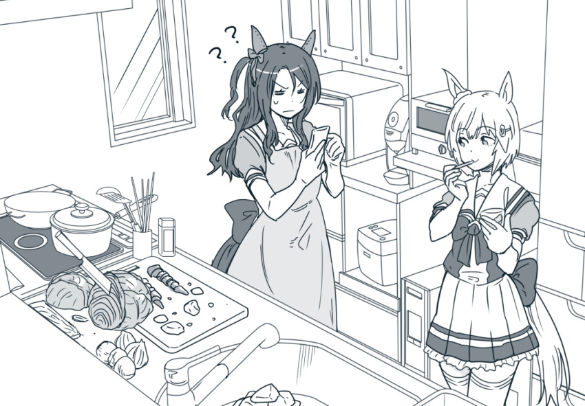 2girls, ?, ??, animal_ears, apron, bow, carrot, cellphone, chopsticks, cutting_board, ear_covers, eating, greyscale, holding, holding_phone, horse_ears, horse_girl, horse_tail, indoors, king_halo_(umamusume), kitchen, knife, lettuce, long_hair, microwave, monochrome, multiple_girls, omaep, one_side_up, phone, pot, puffy_short_sleeves, puffy_sleeves, school_uniform, seiun_sky_(umamusume), short_hair, short_sleeves, sink, skirt, smartphone, spatula, stove, sweatdrop, tail, tail_raised, thigh-highs, tracen_school_uniform, umamusume, window, wok