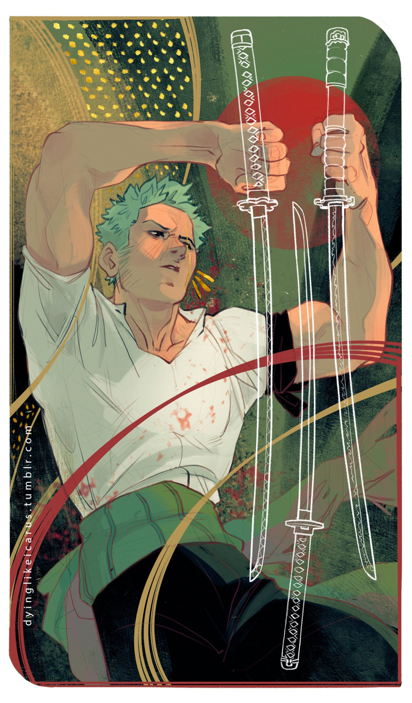 13_(dyinglikeicarus), 1boy, absurdres, arms_up, biceps, black_pants, feet_out_of_frame, fighting_stance, green_hair, highres, holding, holding_sword, holding_weapon, katana, male_focus, muscular, muscular_male, one_piece, pants, pectorals, roronoa_zoro, scar, scar_across_eye, scar_on_face, shirt, short_hair, sideburns, solo, sword, weapon, white_shirt