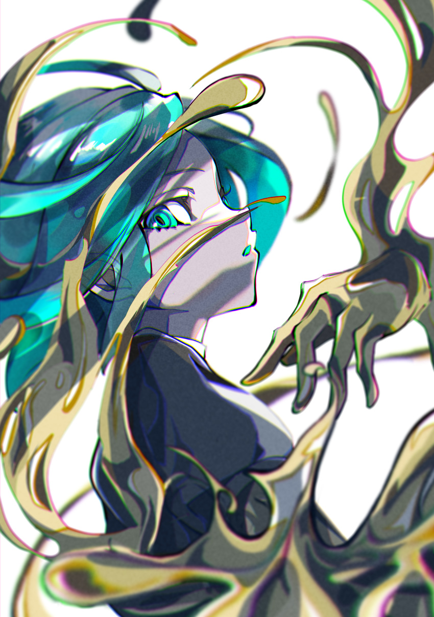 1other, absurdres, androgynous, bangs, commentary_request, crystal_hair, from_side, gem_uniform_(houseki_no_kuni), golden_arms, green_eyes, green_hair, highres, houseki_no_kuni, huge_filesize, looking_at_viewer, molten_metal, natsume_hinako, open_mouth, phosphophyllite, short_hair, simple_background, solo, white_background