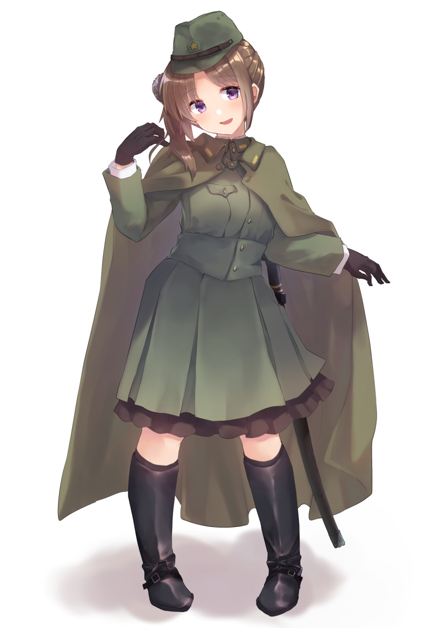 1girl, :d, bangs, black_gloves, boots, coat, dress, forehead