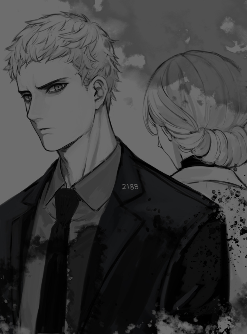 1boy, 1girl, back-to-back, braid, cezaria, collared_shirt, formal, grey_theme