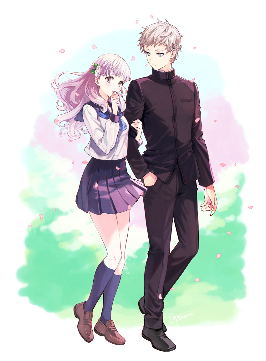 1boy, 1girl, arm_hug, blue_neckwear, blush, cezaria, cherry_blossoms, couple