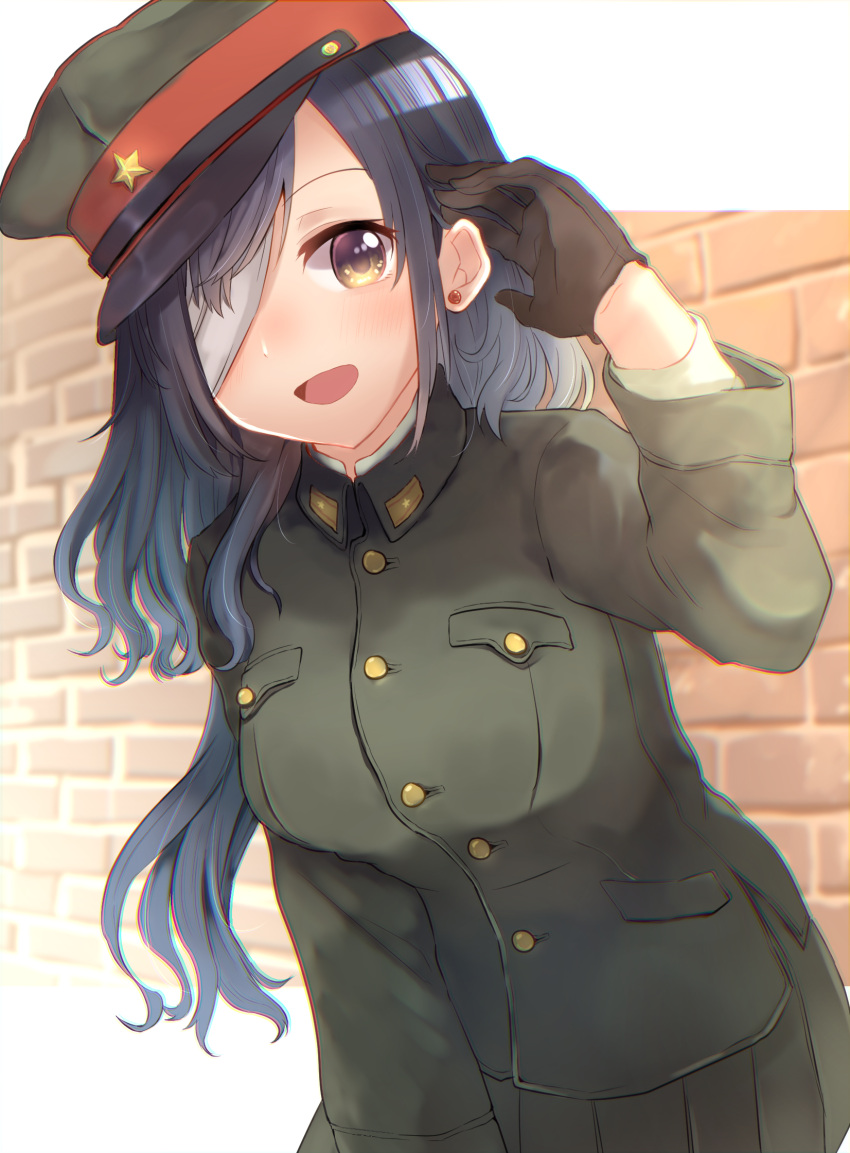 1girl, :d, bangs, black_hair, boots, brick_wall, brown_gloves, earrings