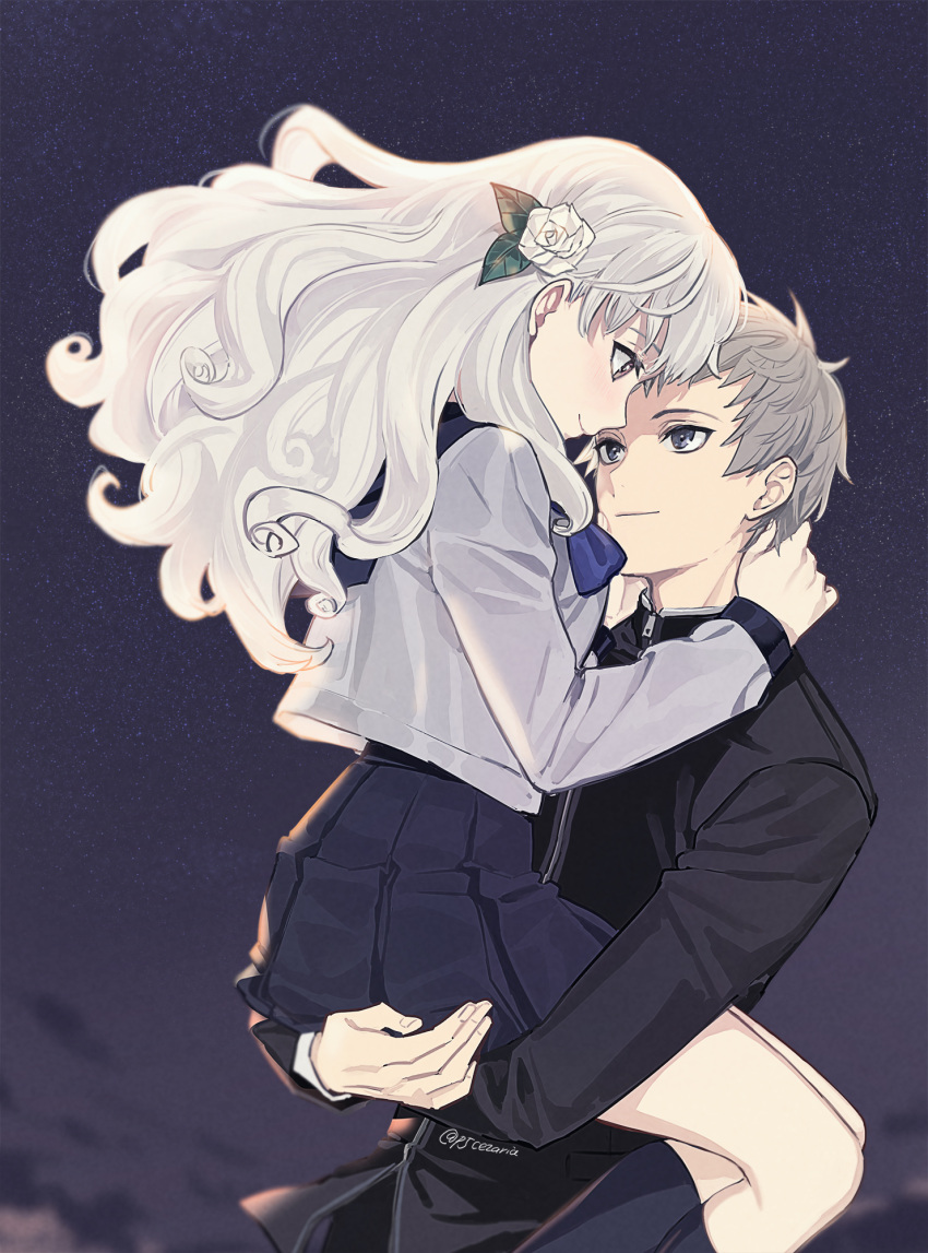 1boy, 1girl, blue_neckwear, blush, carrying, cezaria, couple, eye_contact