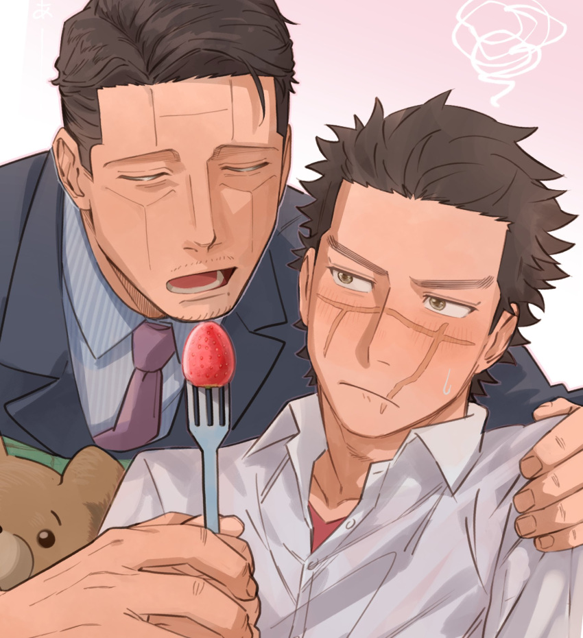 2boys, age_difference, blush, brown_eyes, brown_hair, facial_hair, feeding, food