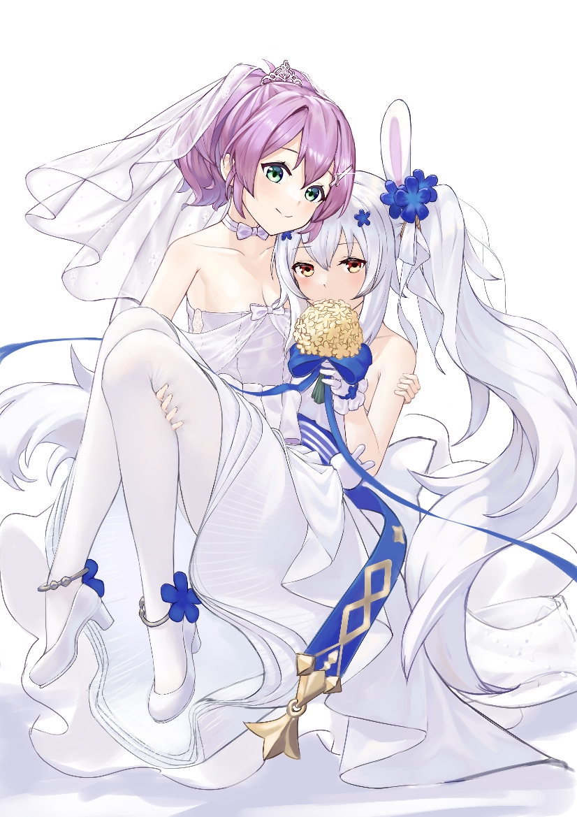 2girls, animal_ears, azur_lane, blue_flower, blue_ribbon, bouquet, breasts, bridal_veil