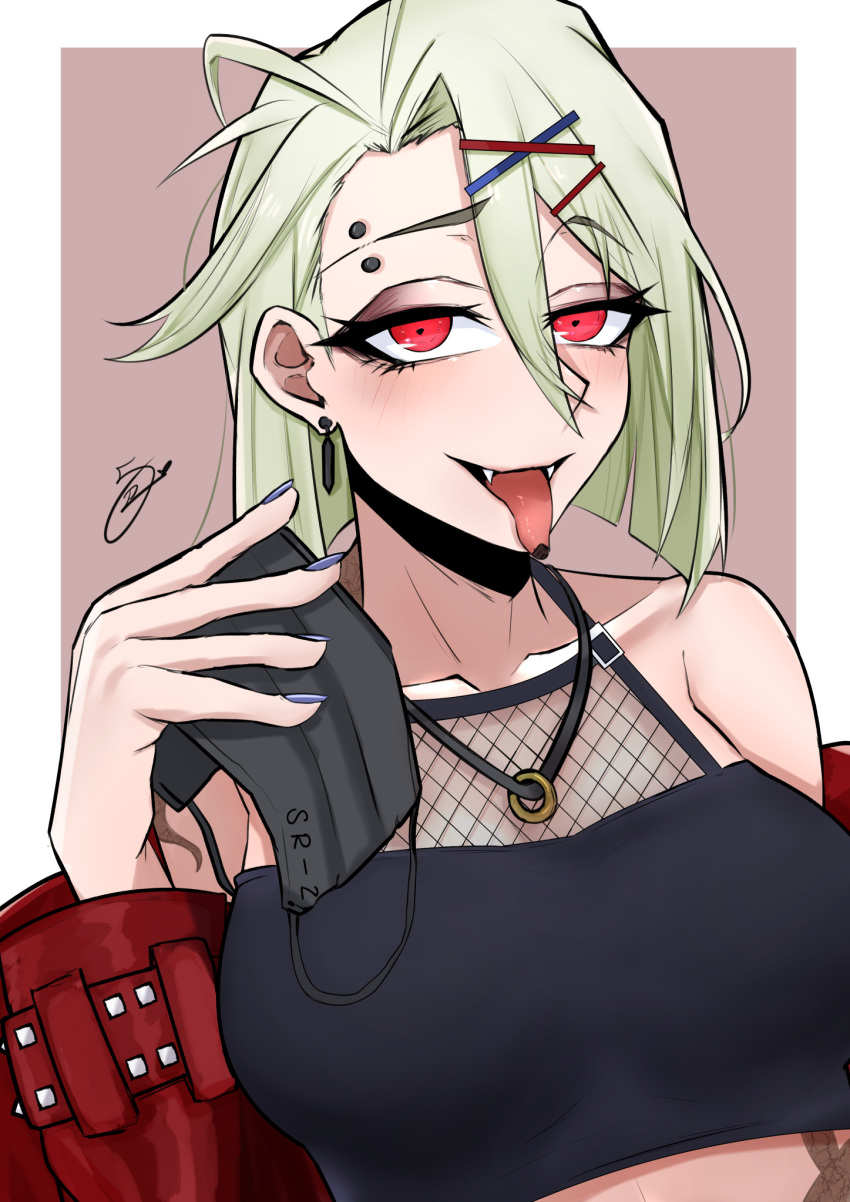 1girl, bare_shoulders, black_tank_top, blush, collarbone, earrings, eyebrow_piercing, eyebrows, eyebrows_visible_through_hair, fangs, fangs_out, girls_frontline, hair_ornament, hairclip, hand_up, highres, holding, holding_mask, jacket, jewelry, light_green_hair, long_hair, looking_at_viewer, loveya1224, mask, mouth_mask, open_mouth, piercing, red_eyes, red_jacket, ring_necklace, simple_background, solo, sr-2_(girls'_frontline), surgical_mask, tank_top, tongue, tongue_out, tongue_tattoo, upper_body