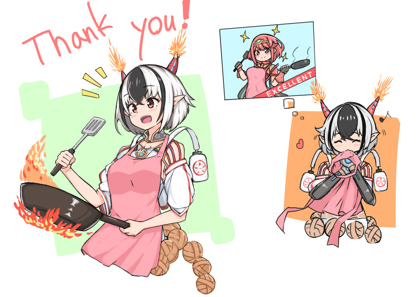 2girls, aotsuba, apron, bangs, breasts, chest_jewel, crossette_(xenoblade), earrings