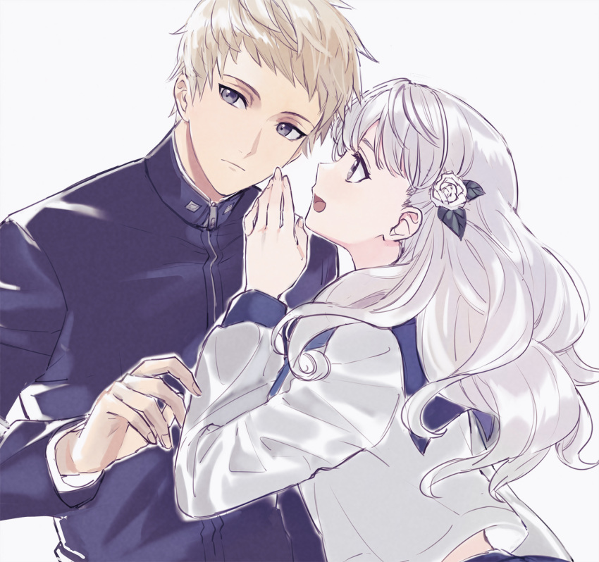 1boy, 1girl, cezaria, couple, expressionless, flower, fuyusaka_iori, gakuran