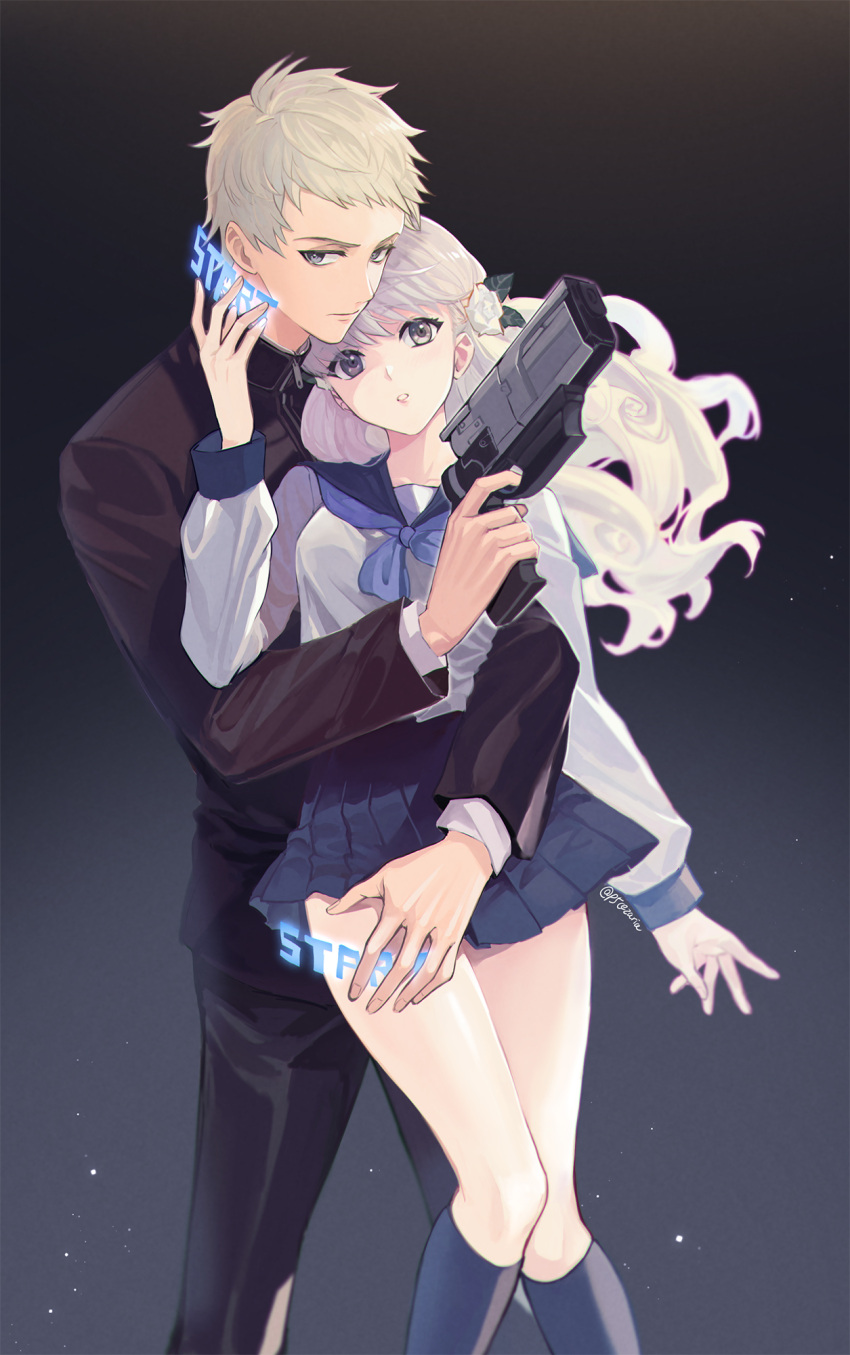 1boy, 1girl, blue_neckwear, cezaria, couple, expressionless, feet_out_of_frame, flower, fuyusaka_iori, gakuran, gradient, gradient_background, grey_eyes, grey_hair, gun, hair_flower, hair_ornament, handgun, highres, hug, hug_from_behind, juusan_kihei_bouei_ken, kneehighs, light_particles, long_hair, looking_at_viewer, neckerchief, parted_lips, pistol, pleated_skirt, sailor_collar, school_uniform, sekigahara_ei, short_hair, silver_hair, skirt, weapon