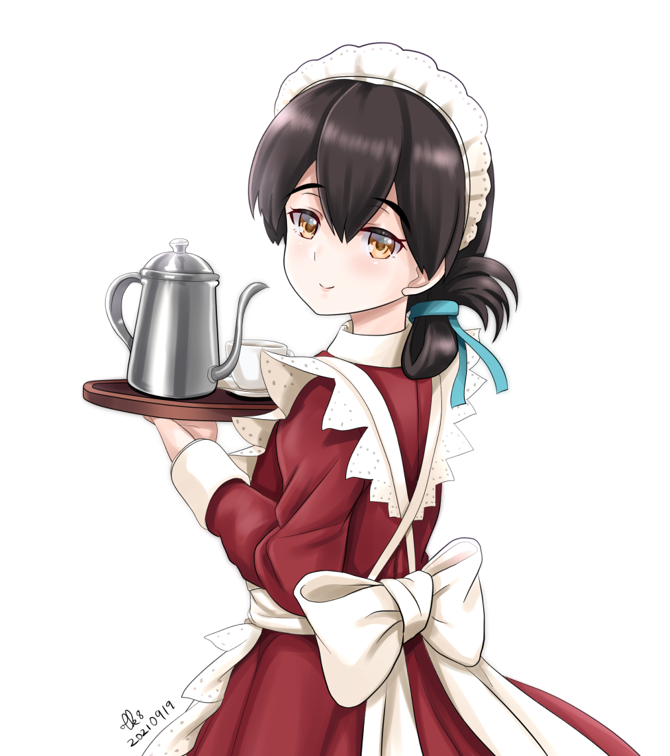 1girl, alternate_costume, apron, bangs, black_hair, brown_eyes, dress, enmaided