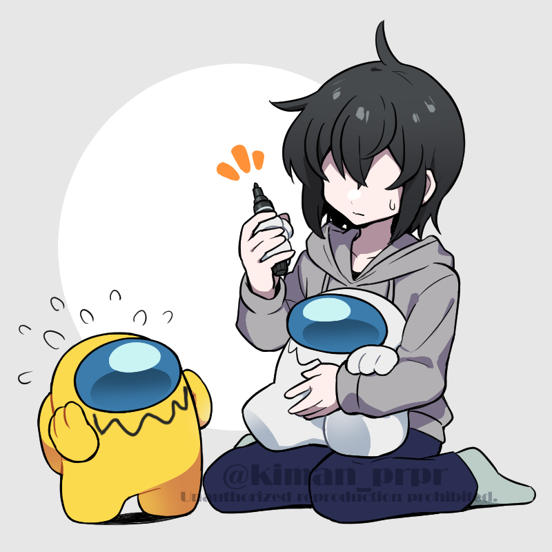 1other, ambiguous_gender, among_us, bangs, black_hair, commentary_request, crewmate_(among_us), flying_sweatdrops, grey_background, grey_hoodie, holding, holding_pen, hood, hood_down, hoodie, impostor_(among_us), kiman, kneeling, long_sleeves, no_eyes, notice_lines, original, pale_skin, pants, pen, seiza, short_hair, sitting, space_helmet, spacesuit, sweatdrop, they_(kiman), watermark, white_(among_us), white_background, yellow_(among_us)