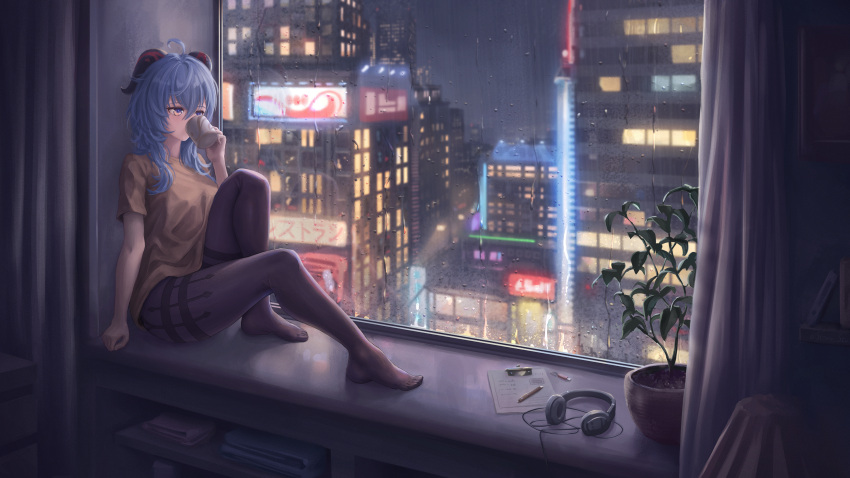 1girl, absurdres, ahoge, alternate_costume, arm_at_side, black_legwear, blue_hair, brown_eyes