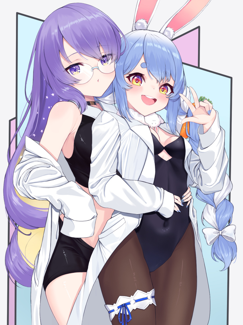 2girls, animal_ear_fluff, animal_ears, bangs, black_legwear, black_leotard, blue_hair, blue_nails