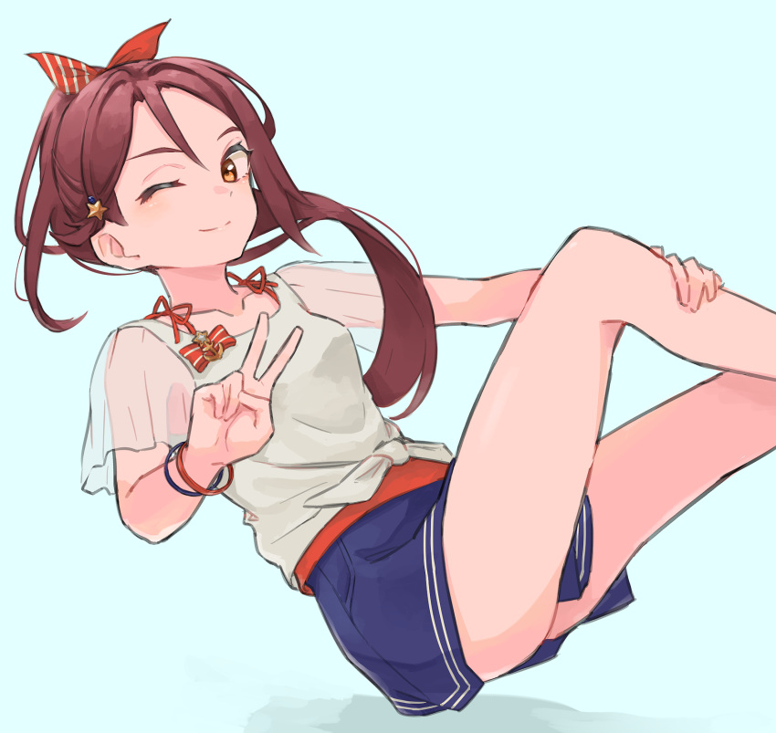 1girl, anchor, bare_legs, blue_background, blue_shorts, bow, bracelet, brown_eyes