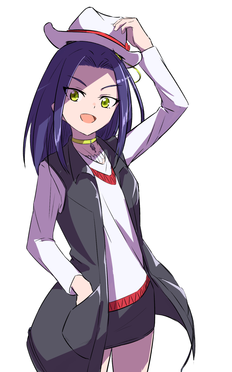 1girl, :d, arm_up, black_skirt, choker, cowboy_shot, green_eyes, hair_intakes