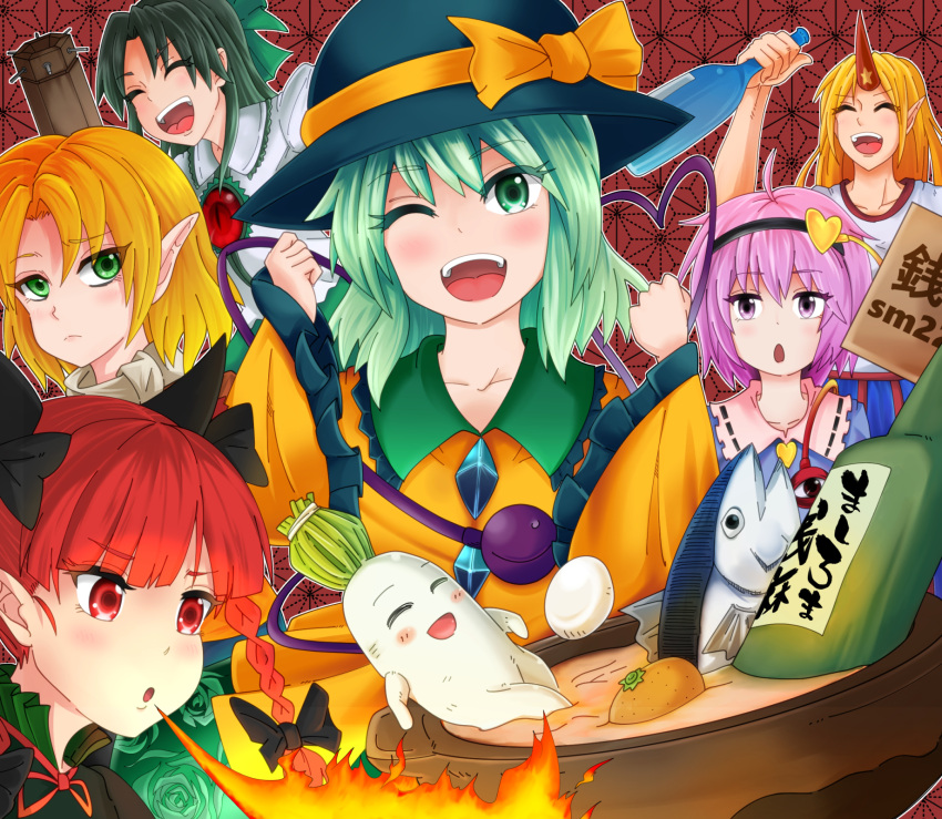 6+girls, animal_ears, arm_cannon, bangs, black_hairband, black_headwear, blonde_hair, blouse