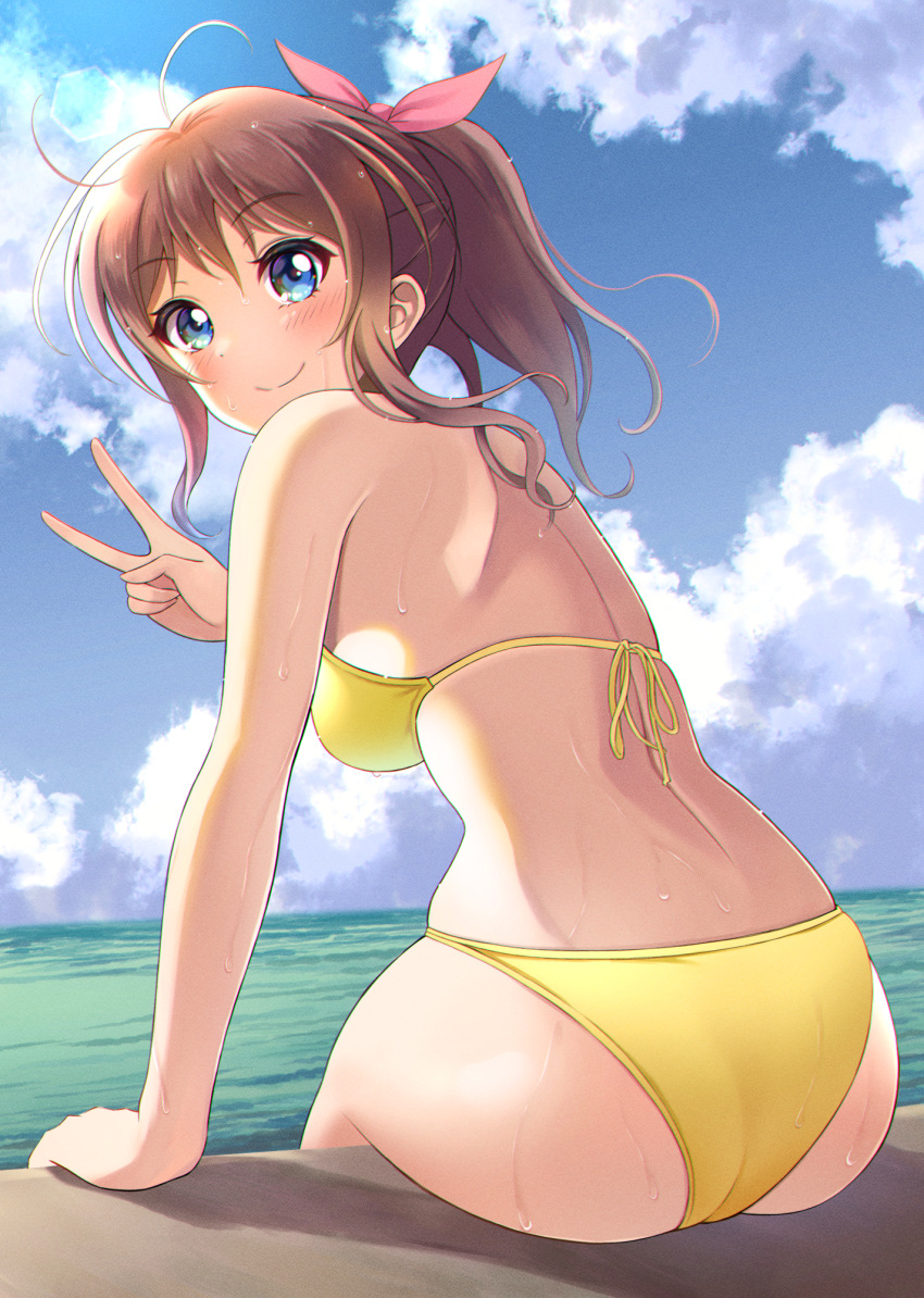 1girl, aranami_shibuki, ass, bang_dream!, bangs, bare_back, bare_shoulders, bikini, blue_eyes, blue_sky, blush, bow, breasts, brown_hair, closed_mouth, clouds, commentary_request, day, eyebrows_visible_through_hair, from_behind, hair_bow, halterneck, highres, leaning_forward, looking_at_viewer, looking_back, medium_breasts, medium_hair, ocean, outdoors, pink_bow, ponytail, revision, shadow, short_ponytail, sidelocks, sitting, sky, smile, solo, string_bikini, swimsuit, v, water, wet, wet_clothes, wet_hair, wet_swimsuit, yamabuki_saaya, yellow_bikini
