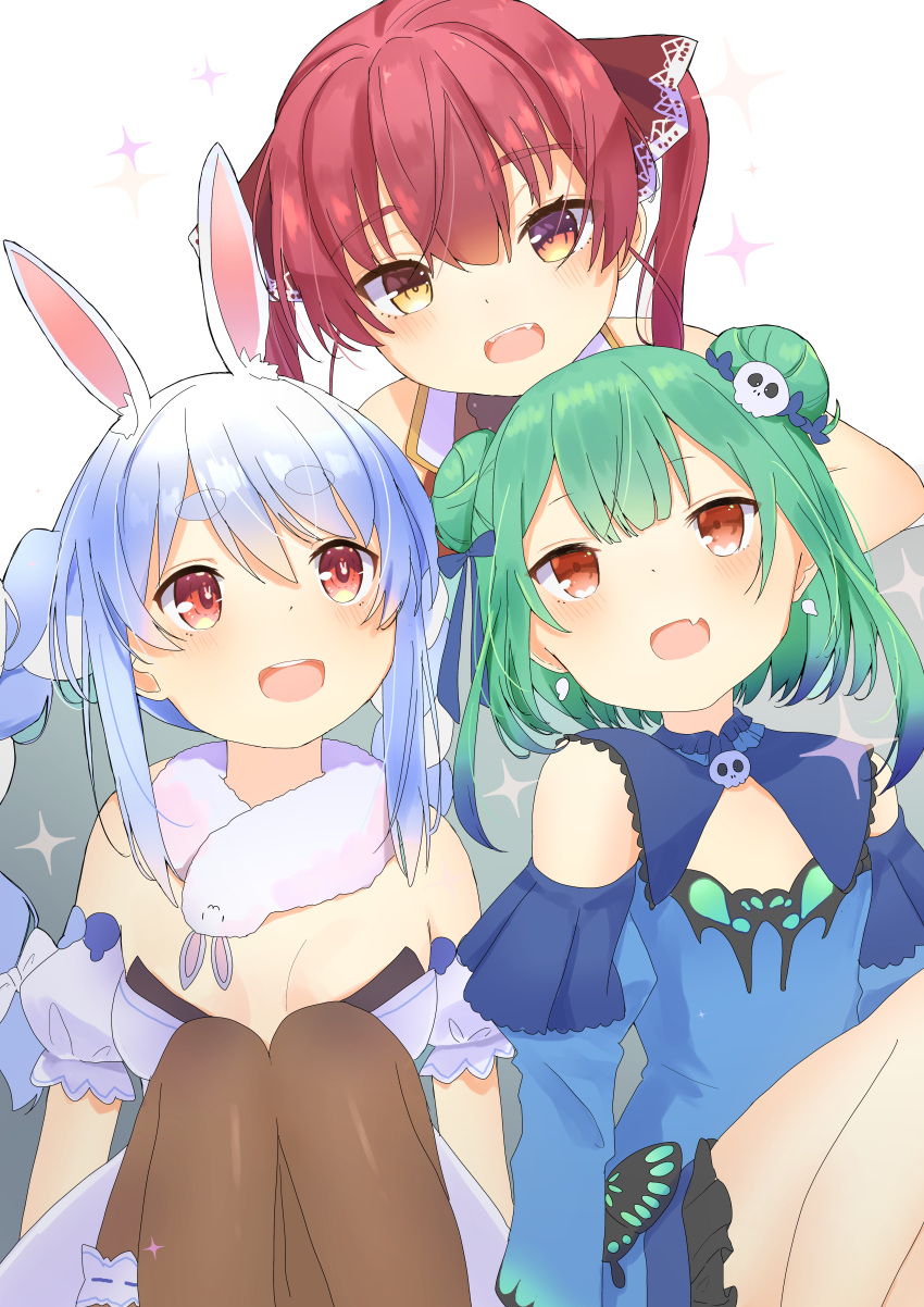 3girls, :d, absurdres, animal_ears, braid, charlotte11037, commentary, double_bun