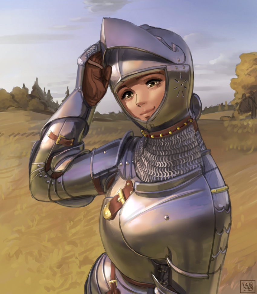 1girl, absurdres, armor, breastplate, chainmail, gauntlets, grasslands, helmet, highres, knight, looking_at_viewer, medieval, original, plate_armor, shoulder_armor, signature, smile, solo, tree, visor_(armor), visor_lift, wassnonnam