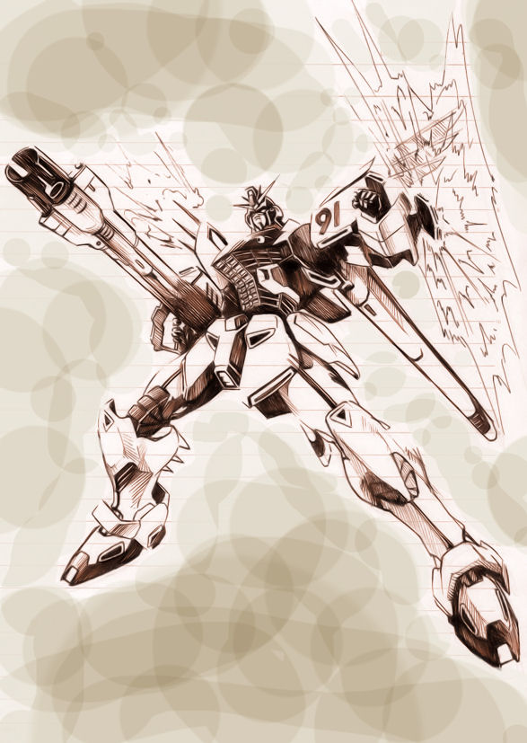 action, beam_shield, cannon, f91_gundam, gundam, gundam_f91, mecha, sepia, shield, solo, yuzupapa