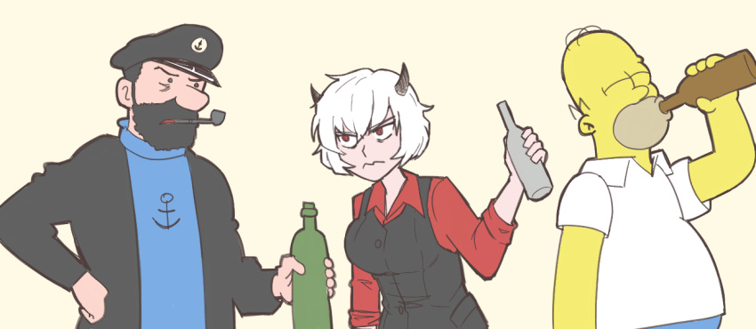 1girl, 2boys, alcohol, anchor_symbol, bald, beard, beer_bottle, black_hair, black_horns, bottle, breasts, captain_archibald_haddock, closed_eyes, colored_skin, crossover, drinking, facial_hair, hand_on_hip, hat, helltaker, holding, holding_bottle, homer_simpson, horns, long_sleeves, malina_(helltaker), medium_breasts, mouth_hold, multiple_boys, pipe, pocket, pulledintonzrth, red_eyes, shirt, short_hair, simple_background, standing, the_simpsons, tintin, trait_connection, white_hair, white_shirt, yellow_skin
