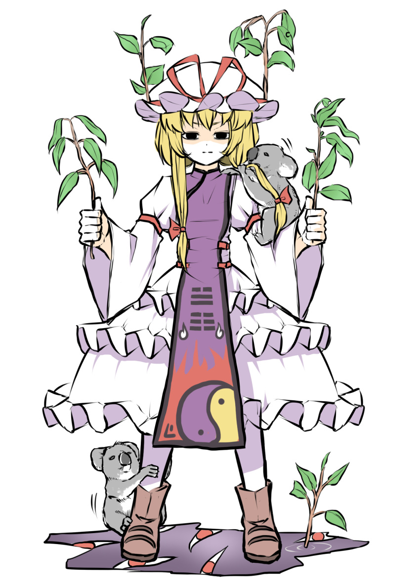 1girl, :|, animal_on_arm, animal_on_leg, bangs, black_eyes, blonde_hair, boots, closed_mouth, dress, eating_hair, empty_eyes, eucalyptus_leaves, flame_print, frilled_dress, frills, gap_(touhou), hair_between_eyes, hair_ribbon, hat, highres, juliet_sleeves, koala, long_hair, long_sleeves, looking_at_viewer, mob_cap, peroponesosu., puffy_sleeves, red_ribbon, ribbon, shaded_face, solo, tabard, touhou, white_legwear, wide_sleeves, yakumo_yukari, yin_yang, yin_yang_print