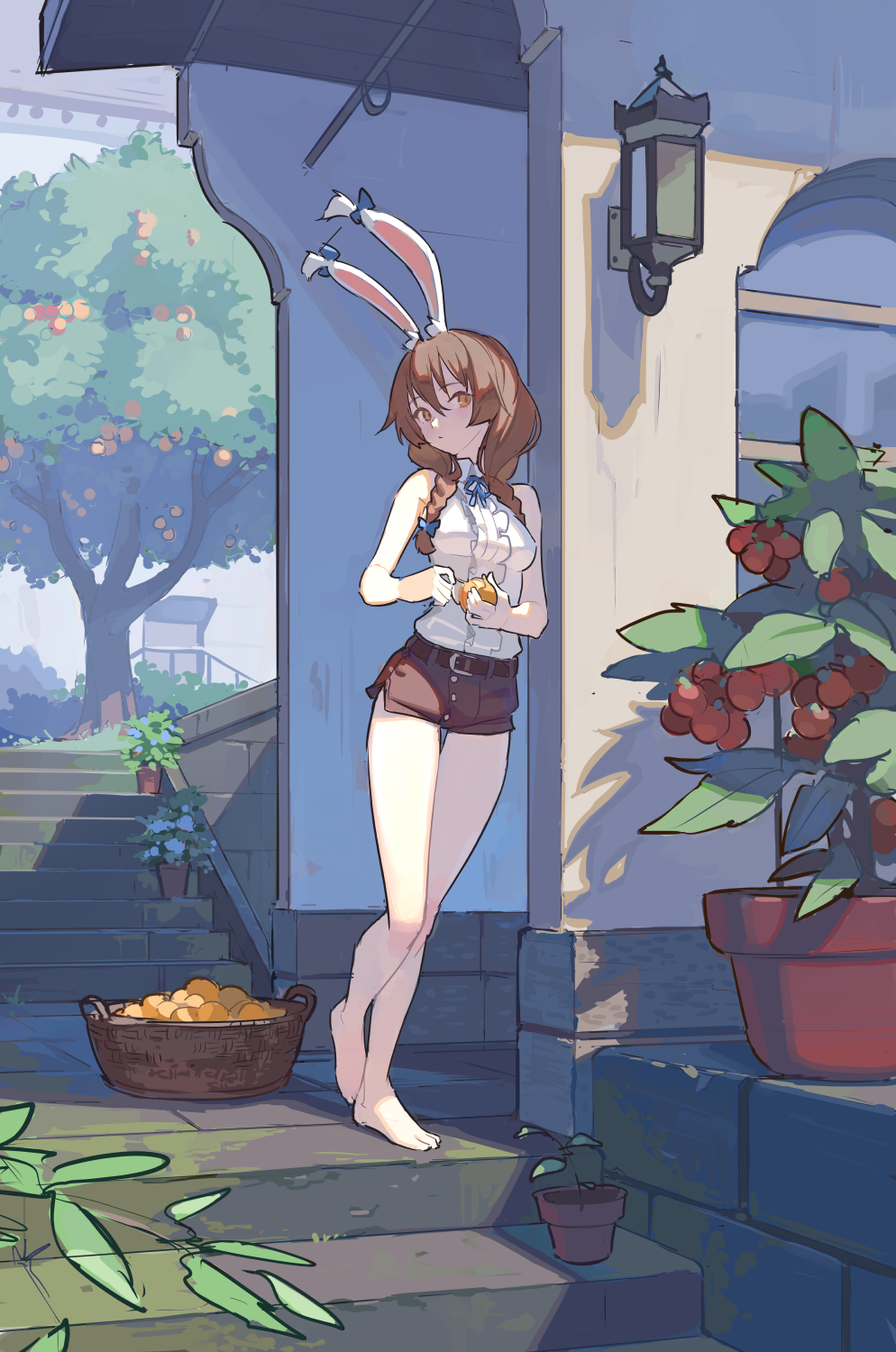 1girl, basket, belt, black_belt, black_shorts, braid, brown_eyes, brown_hair