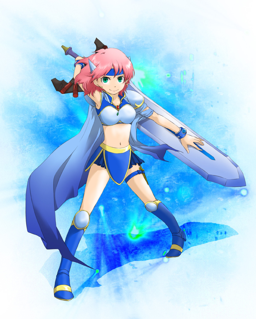 boots, bracelet, cape, female, final_fantasy, final_fantasy_v, green_eyes, lenna_charlotte_tycoon, midriff, miniskirt, pekamatu, pink_hair, short_hair, skirt, solo, sword, tiara