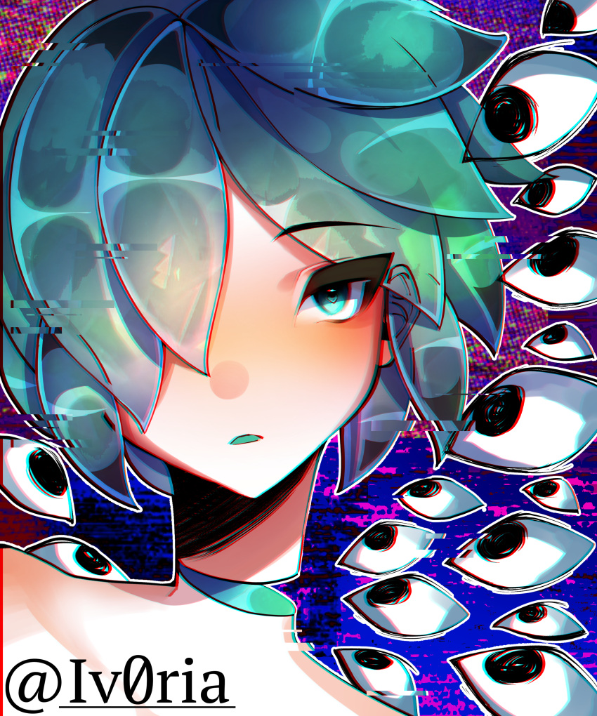 1other, absurdres, androgynous, bangs, commentary_request, crystal_hair, disembodied_head, eyebrows_visible_through_hair, glitch, green_eyes, green_hair, highres, houseki_no_kuni, iv0ria, looking_at_viewer, one_eye_closed, open_mouth, phosphophyllite, short_hair, solo, tagme, twitter_username