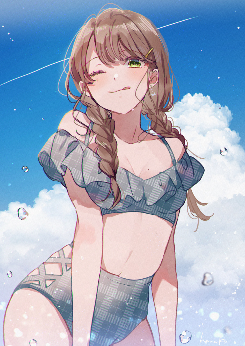 1girl, :p, bangs, blue_sky, blush, braid, breasts, clouds