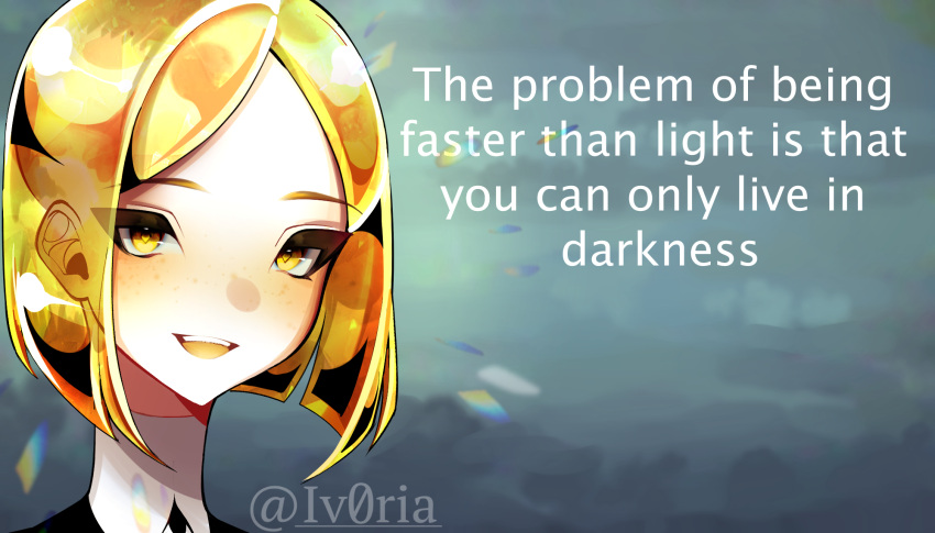 1other, androgynous, blonde_hair, commentary_request, crystal_hair, english_text, highres, houseki_no_kuni
