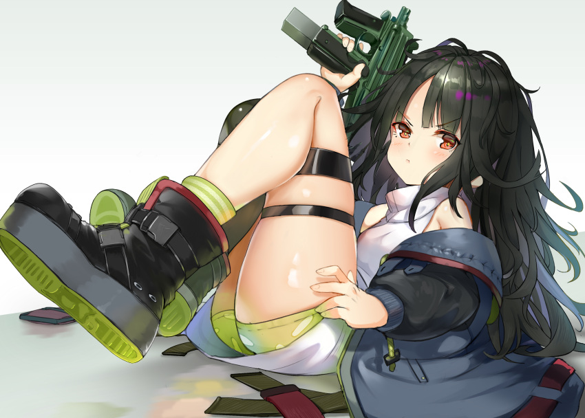 >:(, 1girl, :t, absurdres, bangs, black_hair, black_legwear, boots
