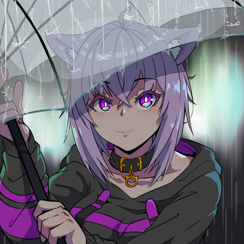 1girl, ahoge, aikohgin, animal_collar, animal_ear_fluff, animal_ears, bangs, black_collar, black_hoodie, cat_ears, cat_girl, collar, collarbone, crossed_bangs, drawstring, eyebrows_visible_through_hair, hair_between_eyes, highres, hololive, hood, hoodie, long_sleeves, looking_at_viewer, nekomata_okayu, outdoors, purple_hair, rain, see-through, short_hair, smile, umbrella, violet_eyes, virtual_youtuber