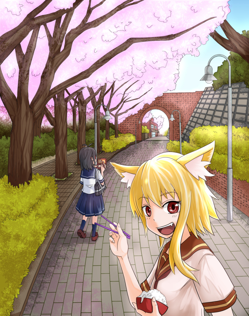 2girls, alternate_costume, animal_ears, asymmetrical_hair, bangs, black_hair, black_legwear, black_skirt