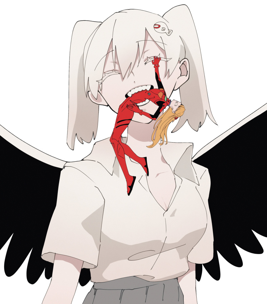 1girl, absurdres, black_wings, bodysuit, breasts, c_uino, closed_eyes, collarbone, eating, food, full_body, hair_between_eyes, highres, long_hair, medium_breasts, neon_genesis_evangelion, orange_hair, partially_unbuttoned, pilot_suit, plugsuit, red_bodysuit, shirt, simple_background, souryuu_asuka_langley, taiyaki, teeth, upper_body, wagashi, white_background, white_hair, wings