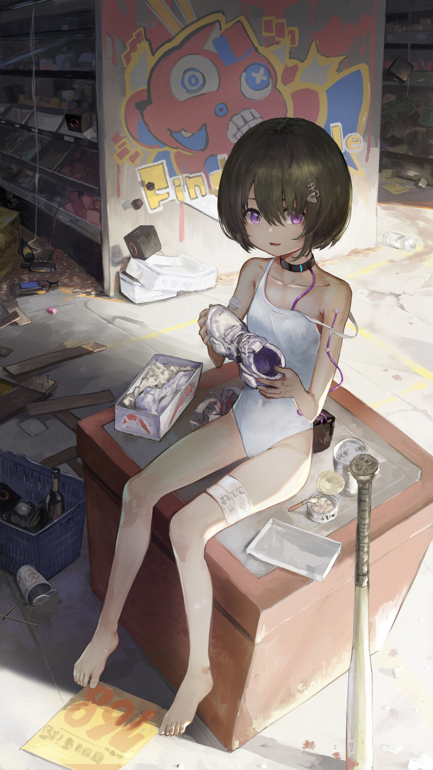 1girl, absurdres, akefumi, bag, bandages, bangs, barefoot, bat
