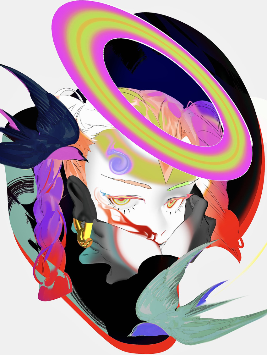 1girl, blood, blood_on_face, closed_mouth, eyelashes, facial_mark, halo, hand_on_own_face