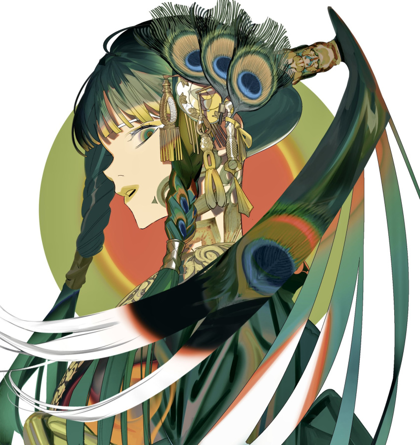 1girl, bangs, braid, braided_ponytail, eyebrows_visible_through_hair, eyelashes, facial_mark, feather_hair_ornament