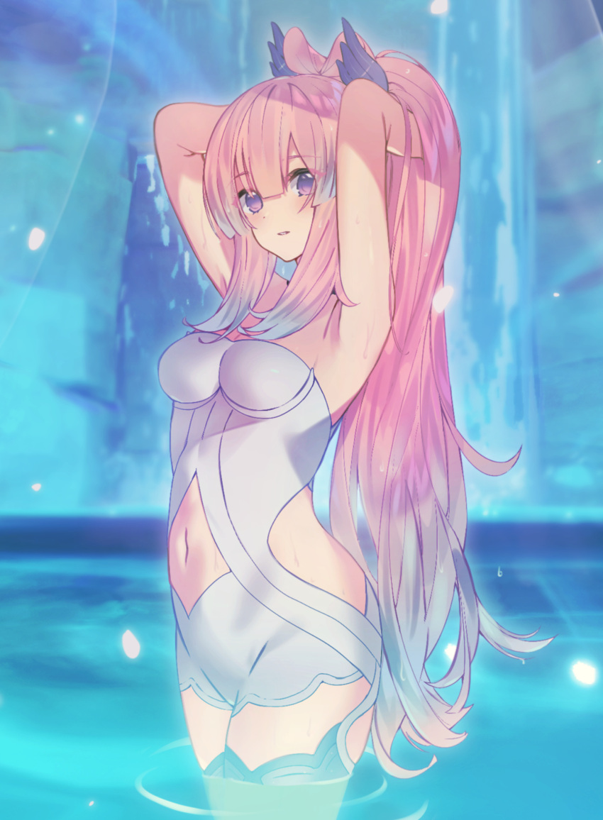 1girl, adjusting_hair, armpits, arms_up, blue_eyes, blue_hair, breasts, clothing_cutout