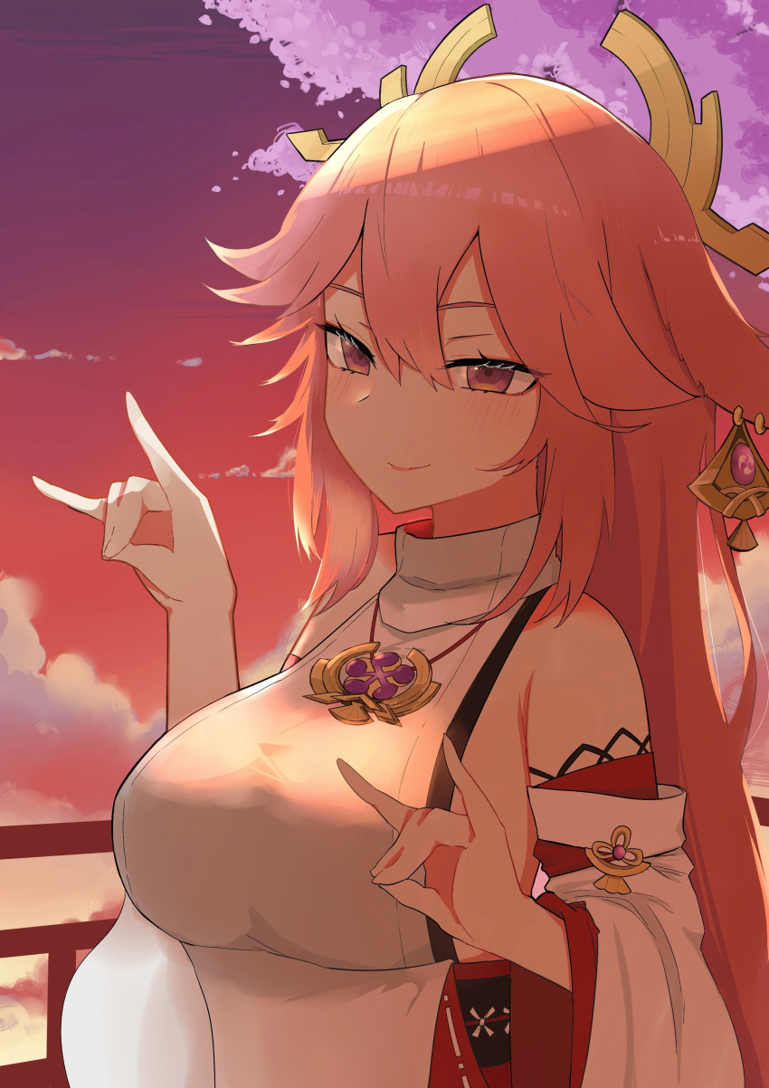 1girl, absurdres, bare_shoulders, blush, breasts, clouds, genshin_impact, hair_between_eyes
