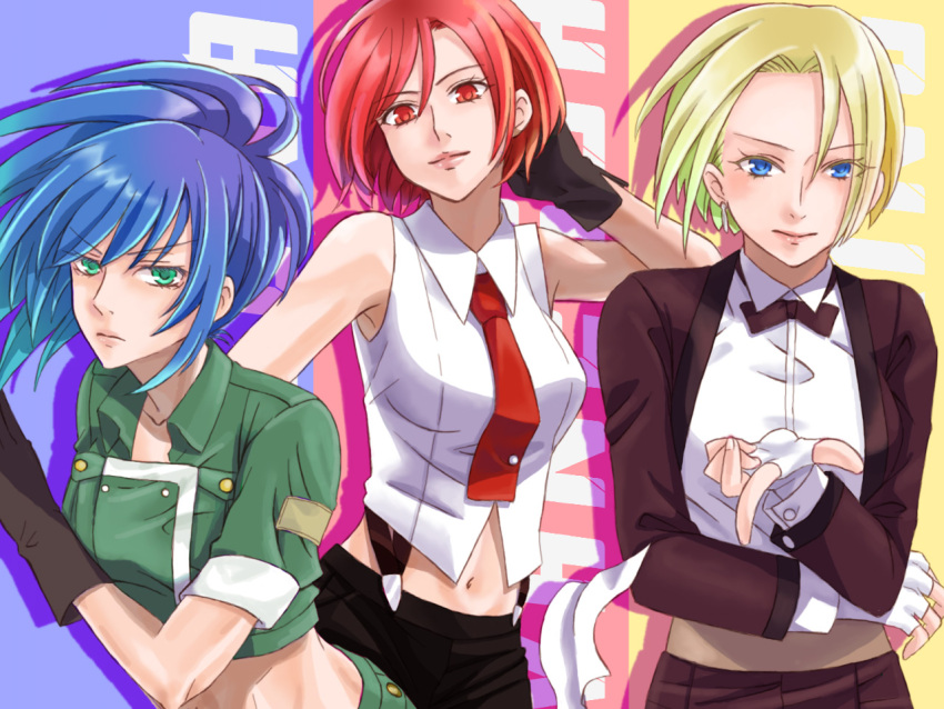 3girls, 403_(artist), blonde_hair, blue_eyes, blue_hair, bow, bowtie, gloves