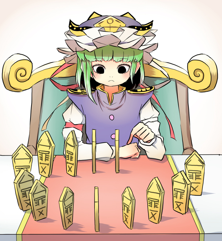 :<, arm_garter, asymmetrical_hair, bangs, black_eyes, blue_vest, blush, chair