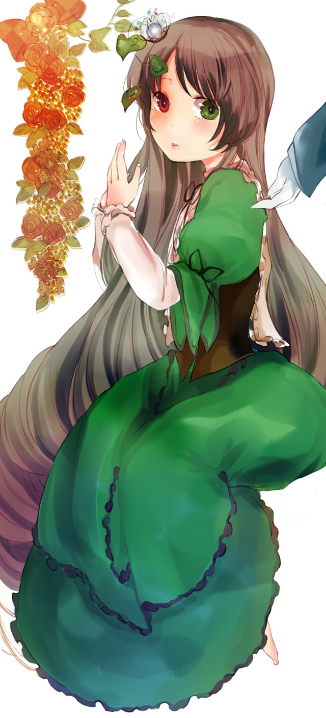 barefoot, blush, brown_hair, dress, heterochromia, highres, long_hair, rozen_maiden
