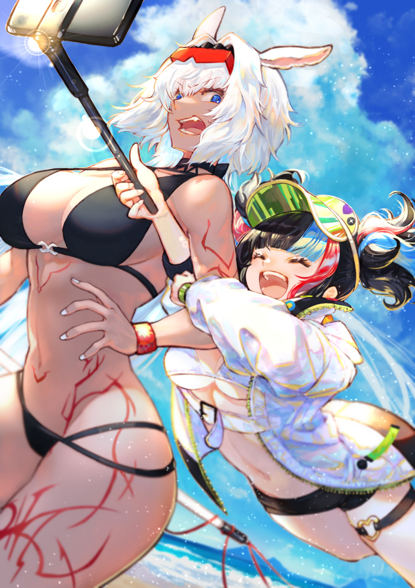 2girls, animal_ears, arm_grab, beach, bikini, black_bikini, black_hairband, blue_eyes, breasts, buckle, caenis_(fate), caenis_(swimsuit_rider)_(fate), closed_eyes, clouds, cloudy_sky, dark-skinned_female, dark_skin, eyebrows_visible_through_hair, eyewear_on_head, fate/grand_order, fate_(series), hairband, highres, jacket, jumping, large_breasts, looking_back, multicolored_hair, multiple_girls, nail_polish, navel, ocean, open_mouth, romayasu, sand, sei_shounagon_(fate), sei_shounagon_(swimsuit_berserker)_(fate), selfie_stick, sky, sunglasses, swimsuit, tattoo, thigh_strap, tongue, twintails, visor_cap, water, white_hair, white_nails, wristband