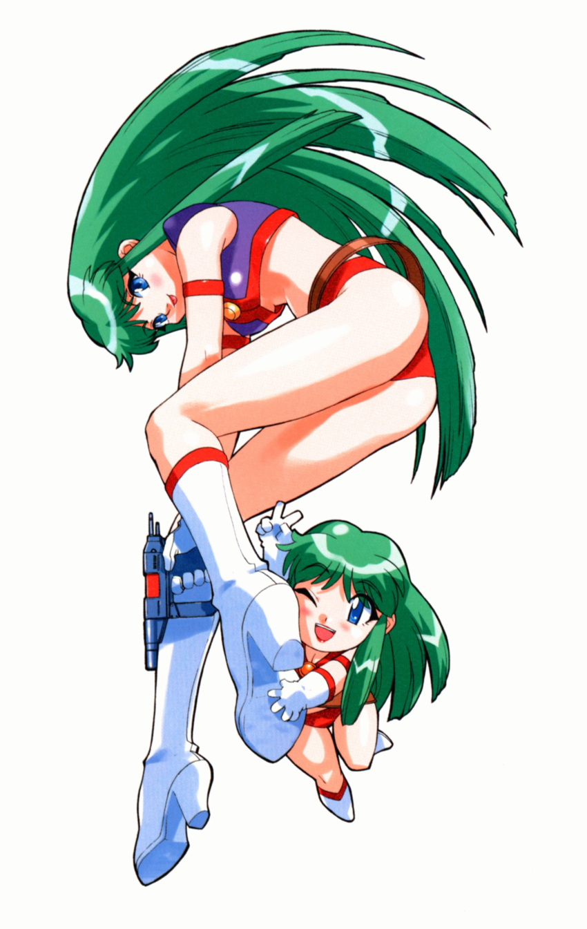 2girls, absurdres, arm_strap, ass, bangs, belt, blue_eyes, boots, chibi, eyebrows_visible_through_hair, green_hair, gun, handgun, high_heels, highres, holding, holding_gun, holding_weapon, long_hair, looking_at_viewer, loose_belt, minigirl, multiple_girls, one_eye_closed, open_mouth, reika_(time_gal), scan, simple_background, time_gal, v, weapon, white_background, yoshizaki_mine