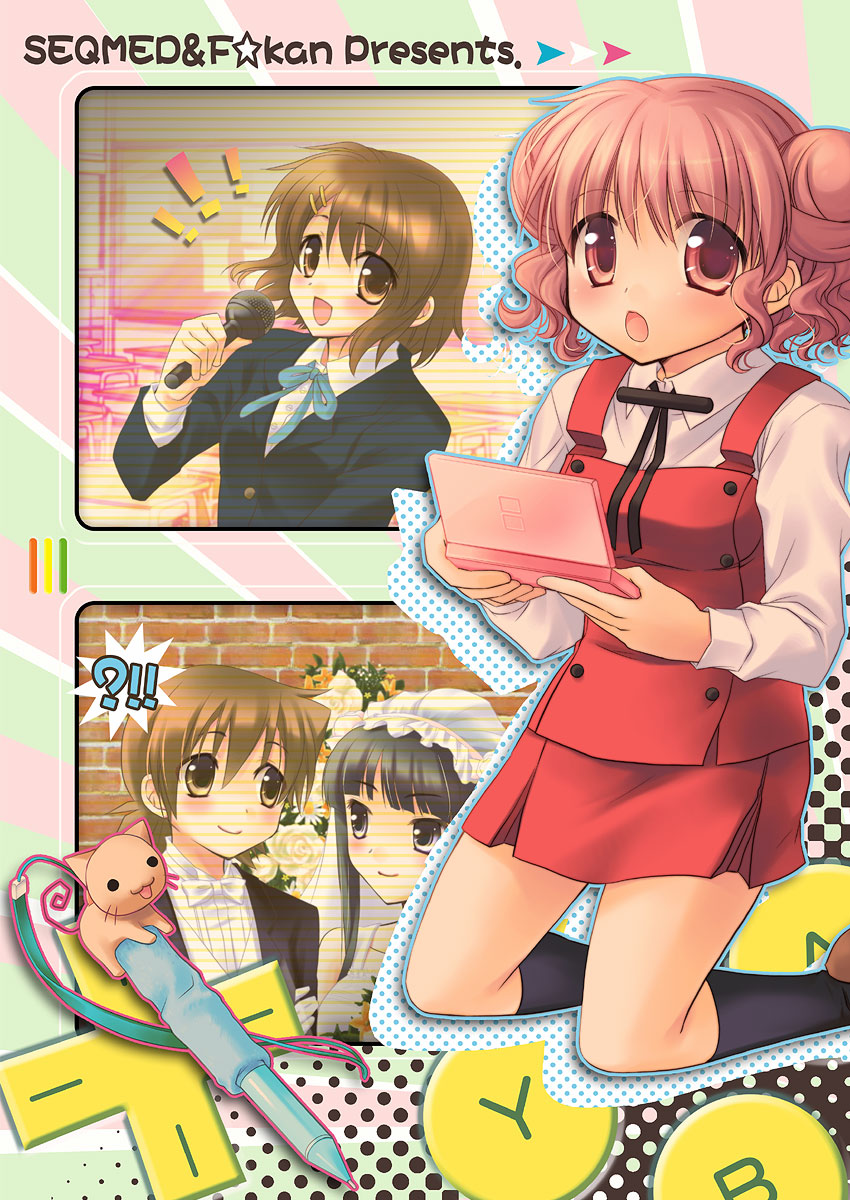 bangs, black_hair, blunt_bangs, bride, brown_eyes, brown_hair, cat, company_connection, crossover, double_bun, dress, fukuda_fukutarou, ga_geijutsuka_art_design_class, hair_ornament, hairclip, hidamari_sketch, highres, hime_cut, hirasawa_yui, hiro, k-on!, kneehighs, manga_time_kirara_carat, microphone, nintendo_ds, playing_games, ponytail, red_hair, redhead, school_uniform, skirt, socks, stylus, suneko, tainaka_ritsu, wedding_dress