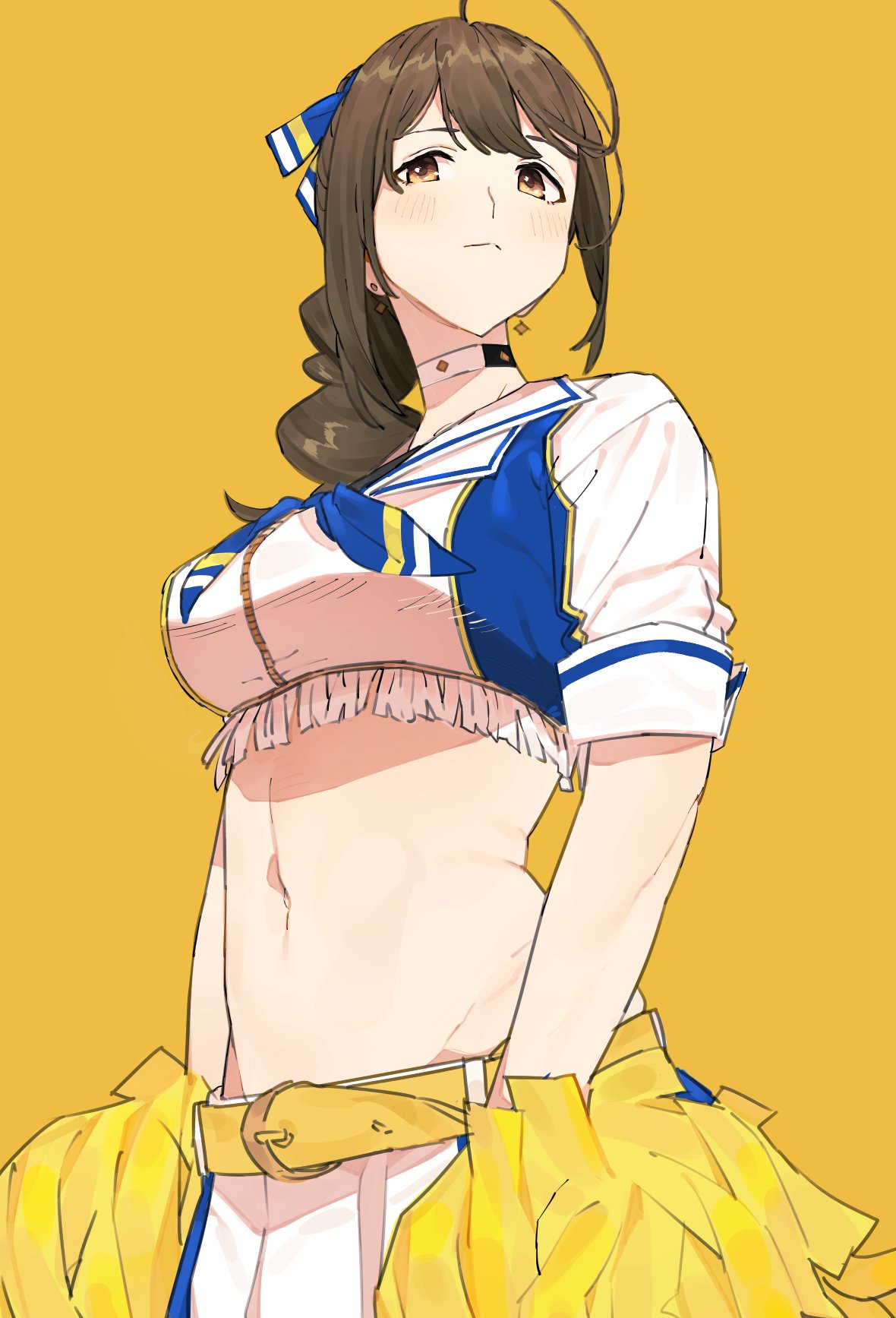 1girl, 2kai_floor, ahoge, breasts, brown_eyes, brown_hair, cheerleader, choker
