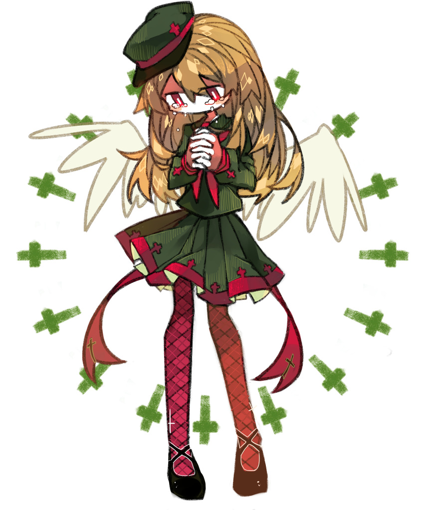 1girl, absurdres, amaterial, angel_wings, black_footwear, blonde_hair, cross, crying