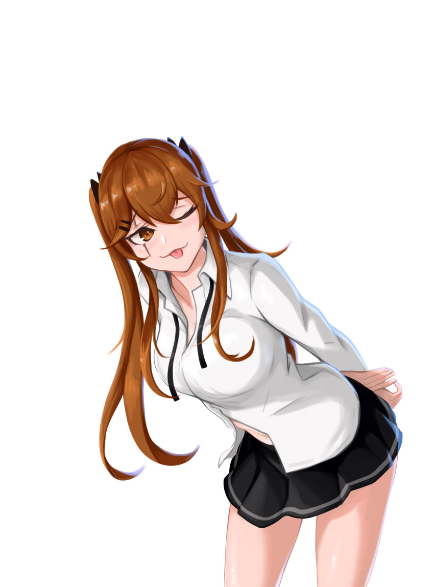 1girl, absurdres, arms_behind_back, black_skirt, breasts, brown_eyes, brown_hair, collared_shirt